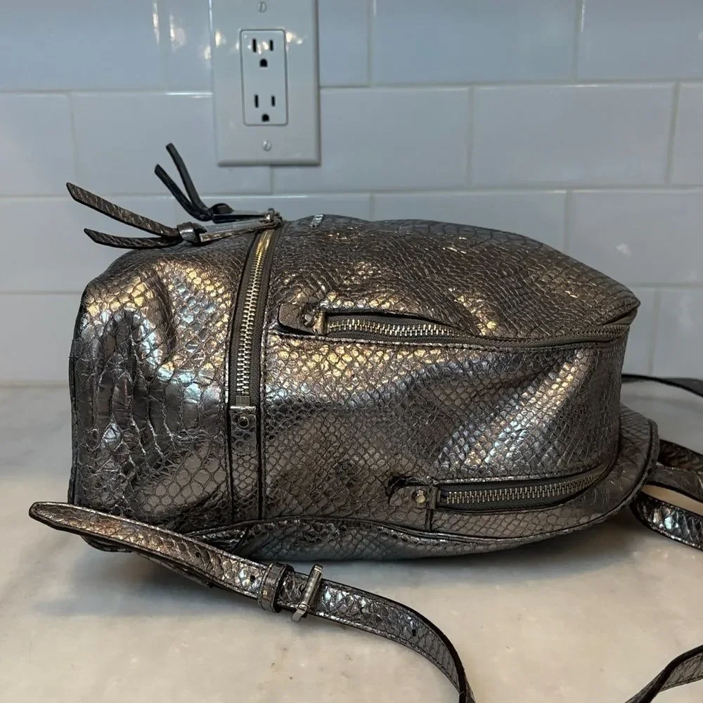 Michael Kors Backpack Bag Leather Purse Handbag Rhea Metallic Silver Snake Print